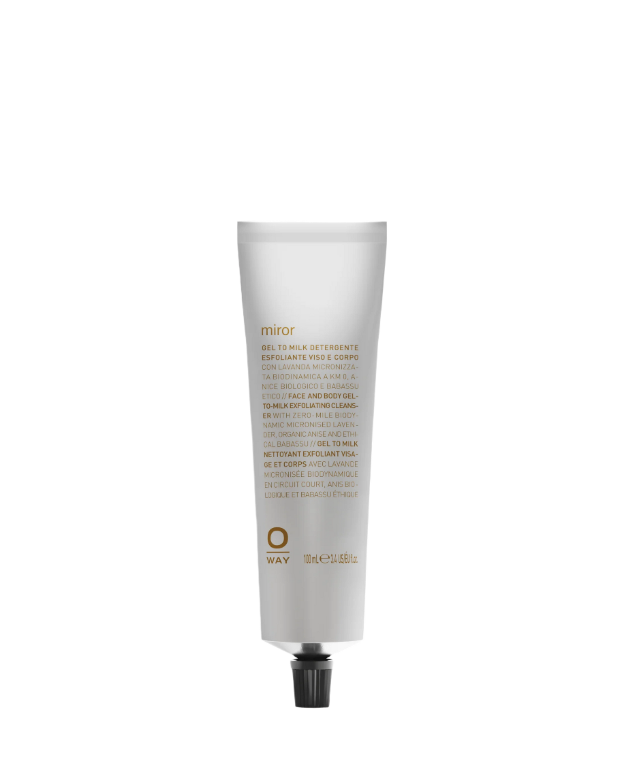 Tubo in alluminio da 100ml di Miror, gel to milk detergente esfoliante viso e corpo
