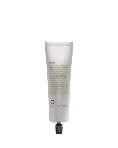 Tubo in alluminio da 100ml di Miror, gel to milk detergente esfoliante viso e corpo