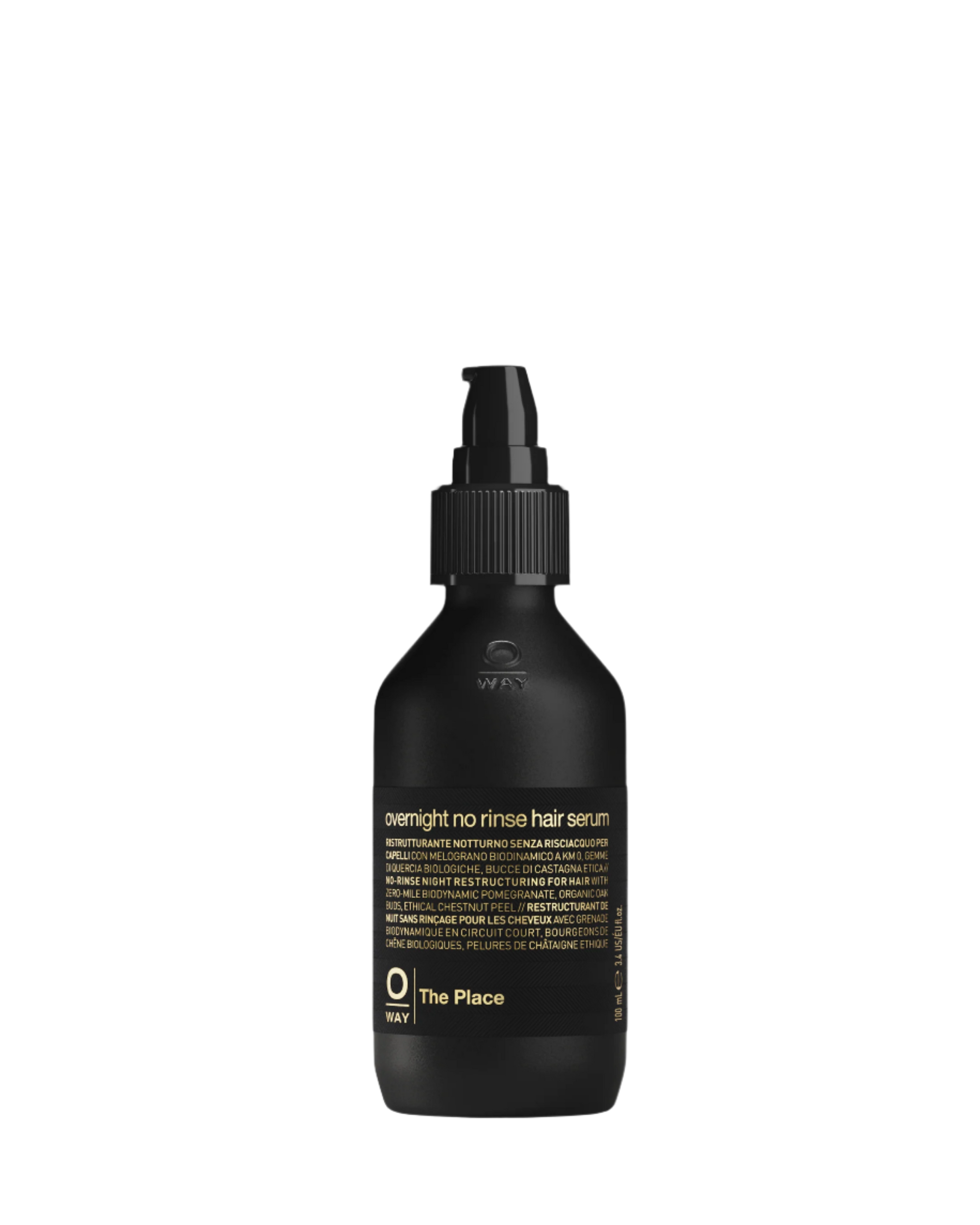 flacone in vetro nero opaco da 100ml con scritte ora di overnight no rinse hair serum, ristrutturante notturno senza risciacquo  