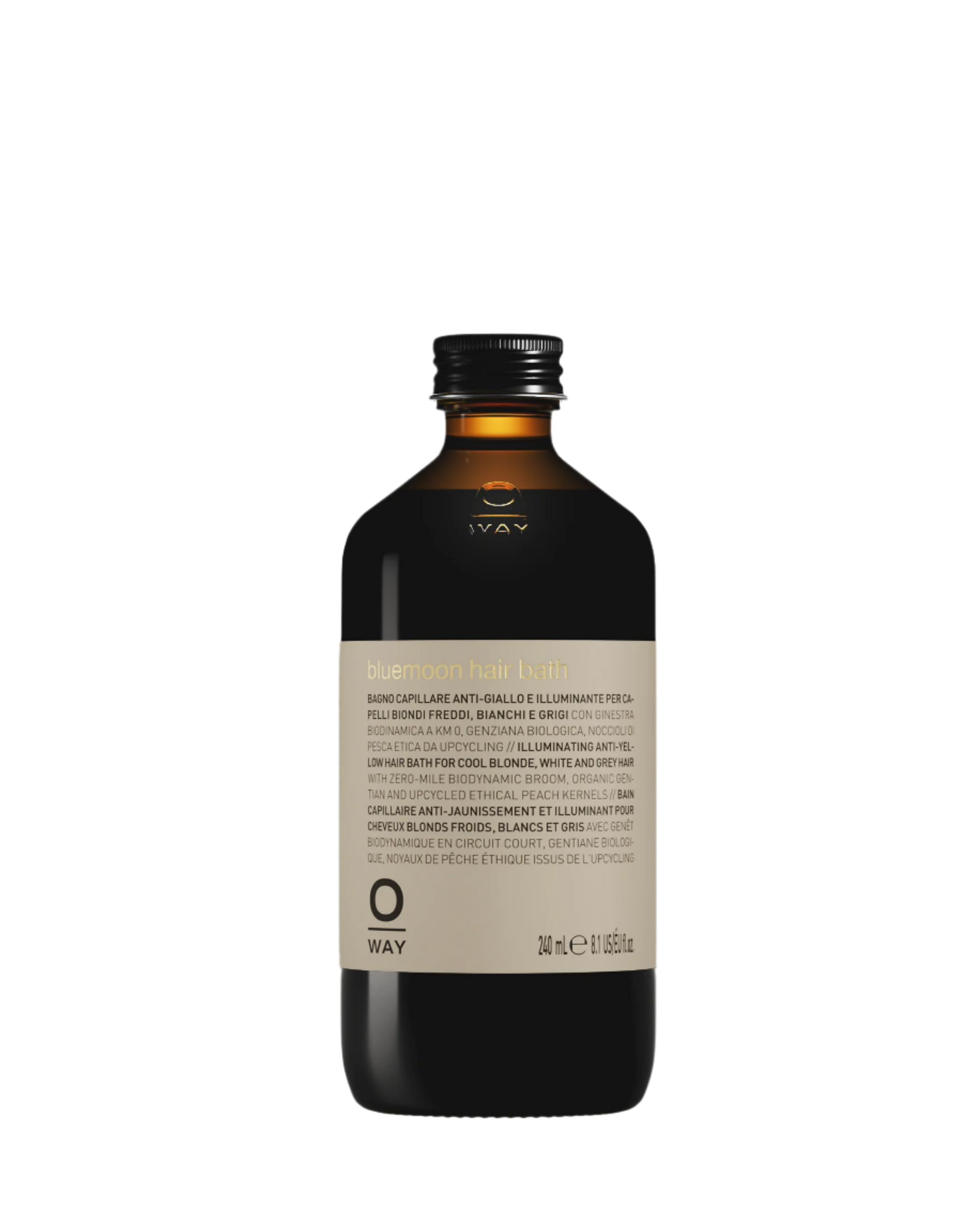 flacone in vetro da 240ml di bluemoon hair bath, shampoo anti-giallo per capelli biondi, bianchi e grigi