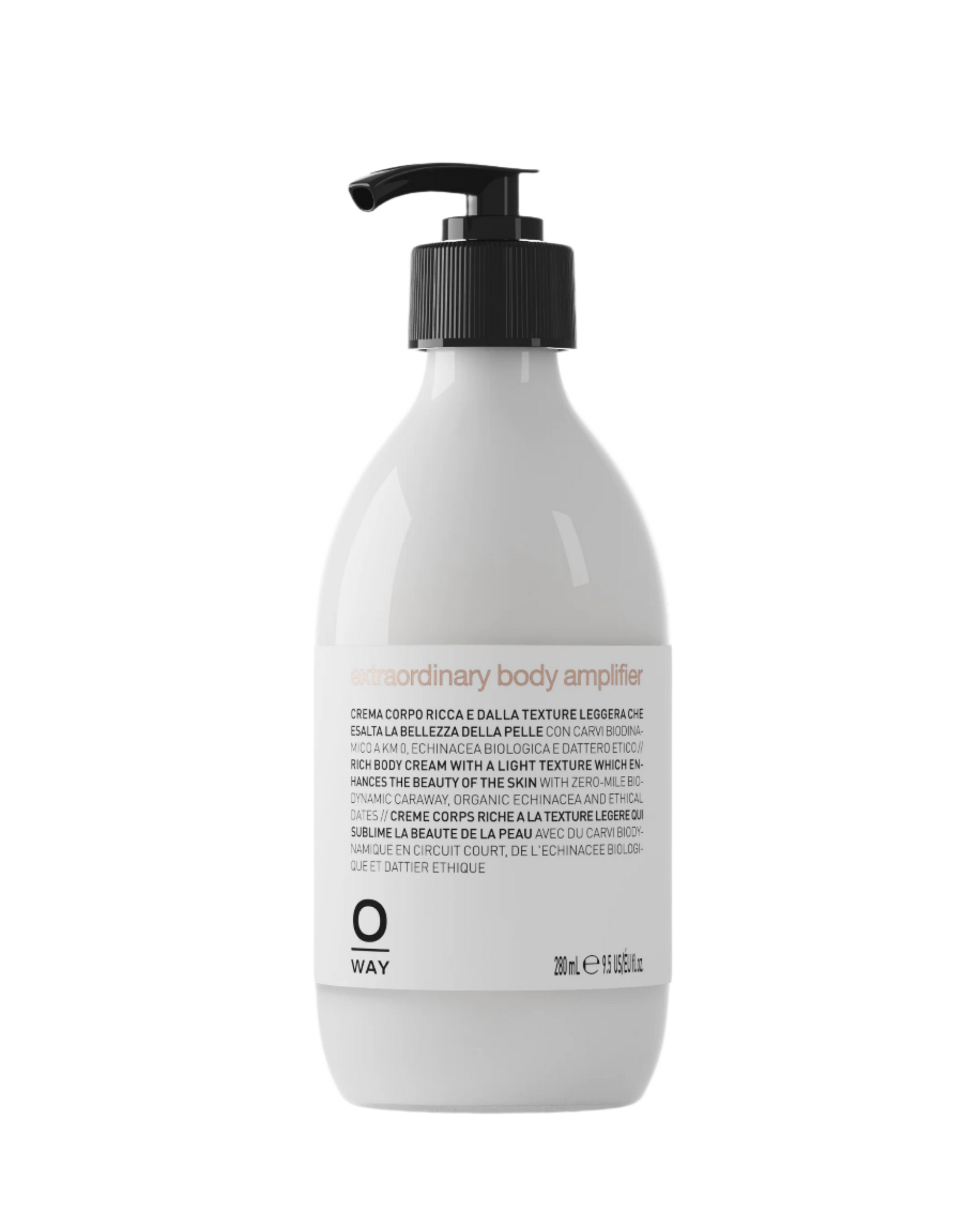 Flacone in vetro bianco da 280ml di extraordinary body amplifier, crema corpo ricca dalla texture leggera 