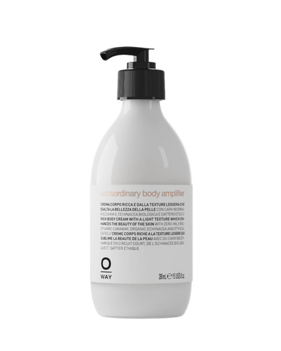 Flacone in vetro bianco da 280ml di extraordinary body amplifier, crema corpo ricca dalla texture leggera 