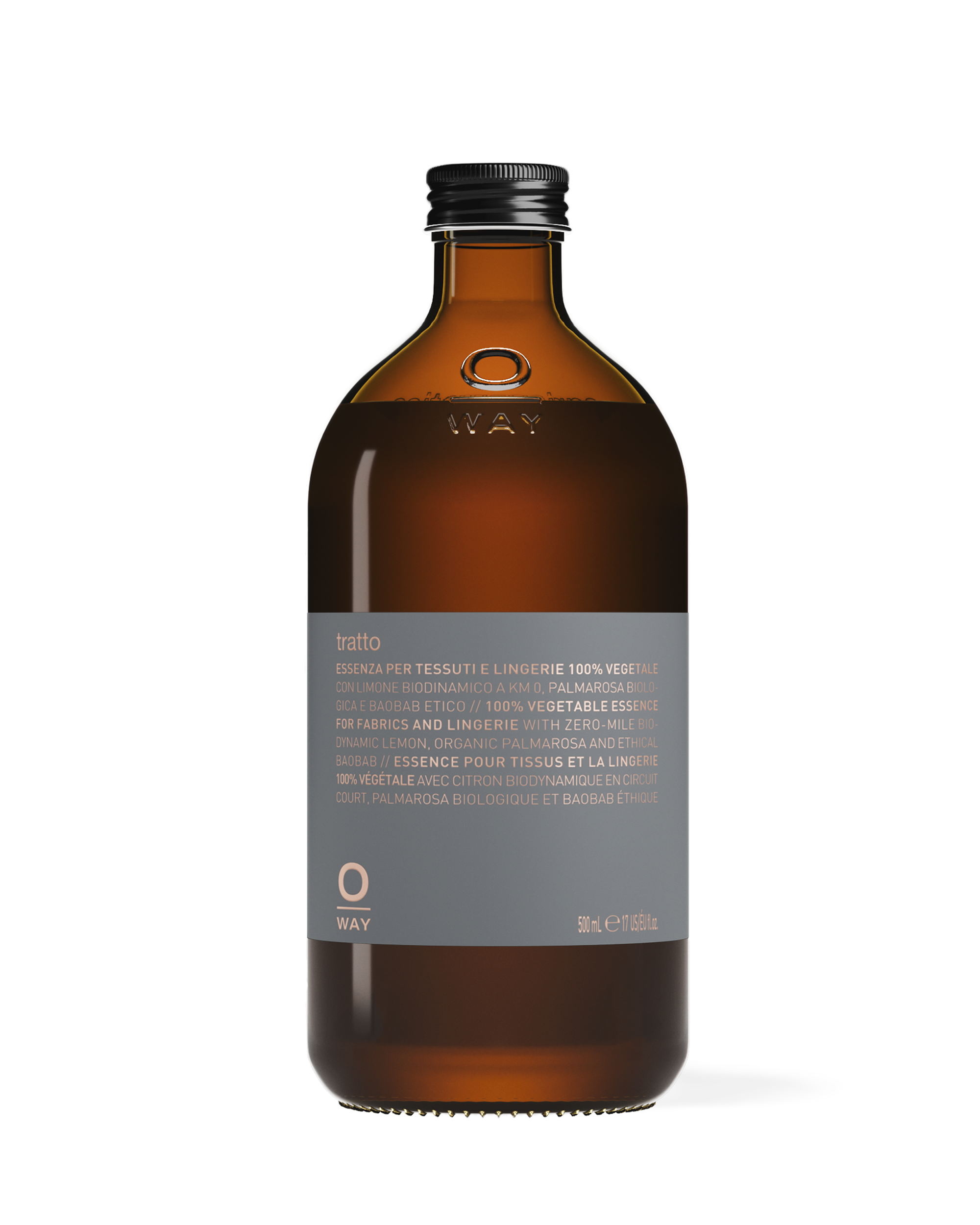 Flacone in vetro con tappo in alluminio da 500ml di Tratto, essenza per tessuti 100% vegetale