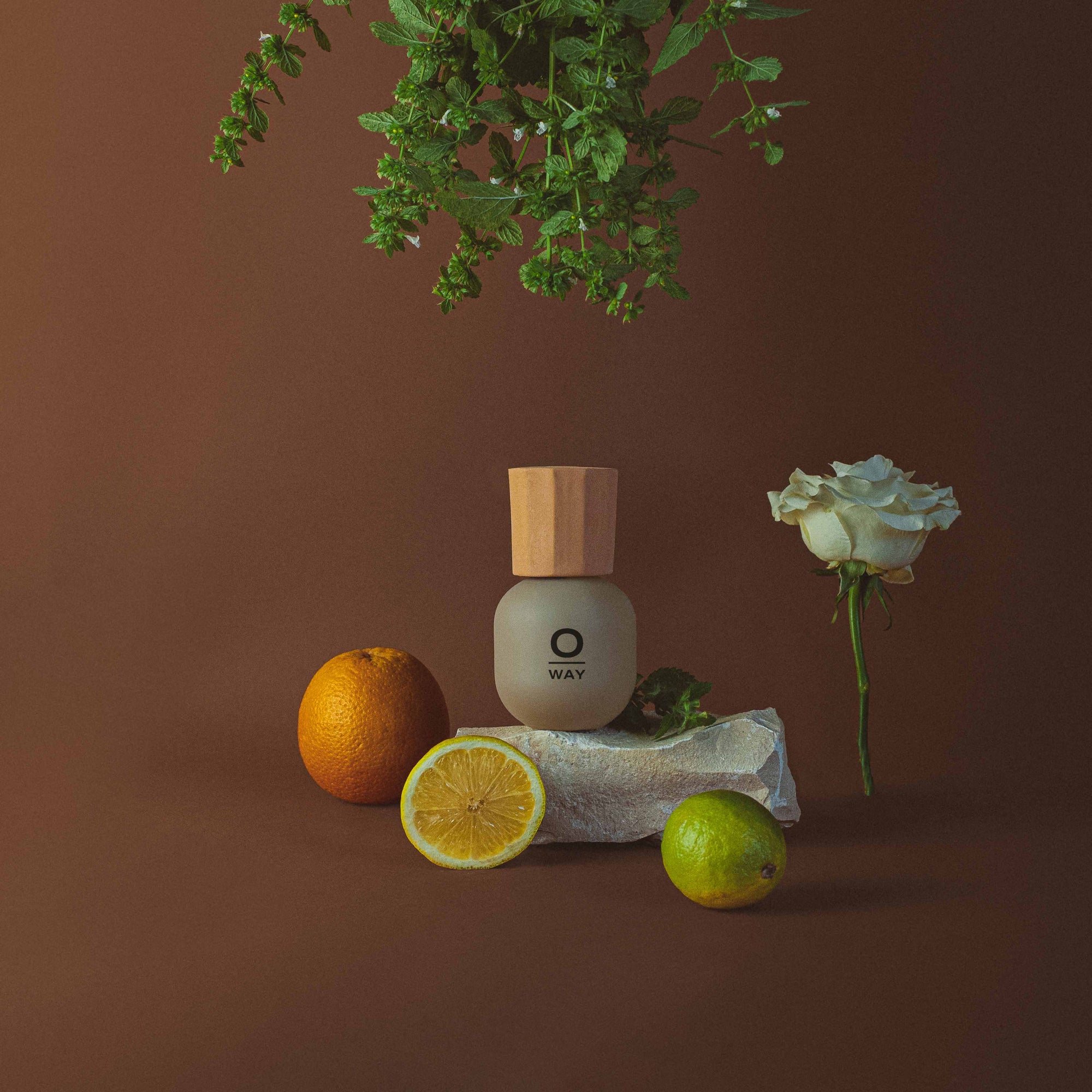 Flacone di profumo Iconico Oway da 100ml con agrumi e una rosa bianca