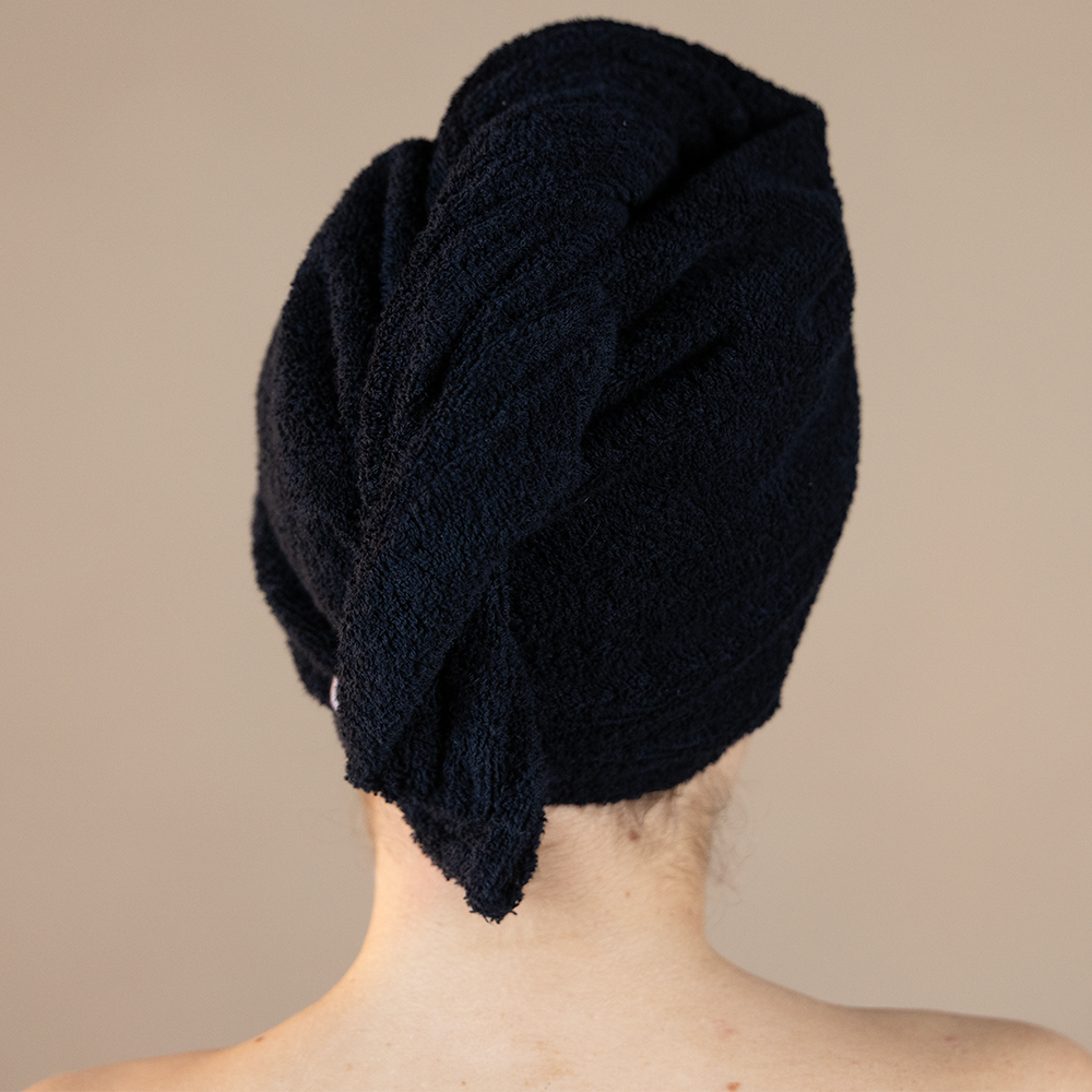 Twisto, turbante Oway nero in cotone, dettaglio sul retro.